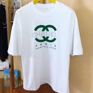 ChaNnel  Classical Style T-Shirt White Green CC Logo Crystal Cotton Tee